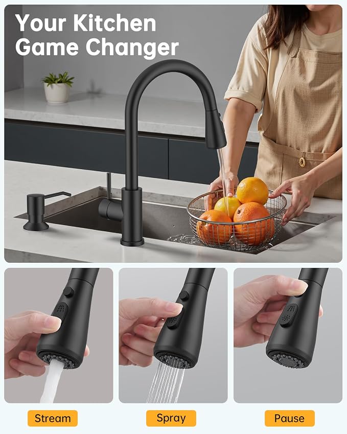 Hiqufet Pull Down Kitchen Faucet with Soap Dispenser, Matte Black | Easy Install, High Arc Single Handle, 3 Spray Modes, 360 Swivel, SUS304 Stainless Steel, Fits RV/Laundry/Bar Sinks