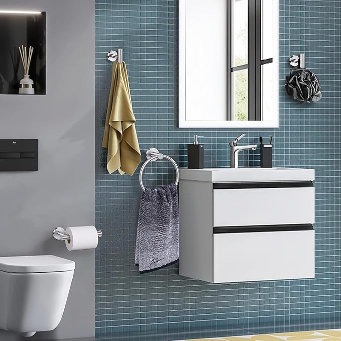 Lairuier Bathroom Hardware Set, 4-pieceTowel Holder Set Include Toilet Paper Holder,Towel Ring and 2 Towel Hooks Stainless Steel Wall Mounted Bathroom Hardware Accessories Set (Brushed Finish)