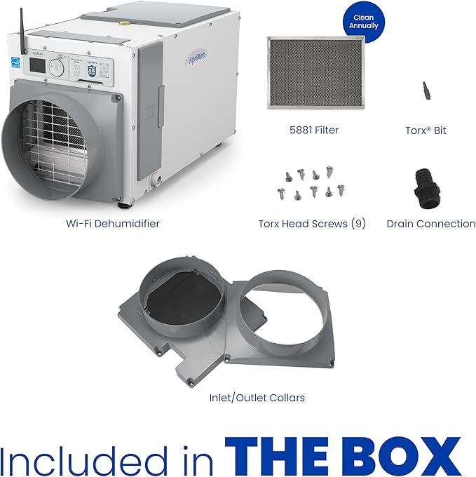 AprilAire E080W Smart Wi-Fi Whole-House Dehumidifier, 80-Pint Energy Star Commercial Dehumidifier for Basement, Crawl Space & Home up to 4,400 Sq.Ft. with Pump, Drain Hose, Hanging Kit, MERV 11 Filter