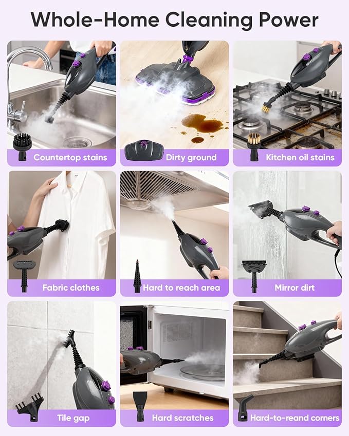 CYK Steam Mops for Floor Cleaning, 12 in 1 Handheld Steam Cleaner for Home, Floor Steamer for Hardwood Floors and Tile (Purple-grey)