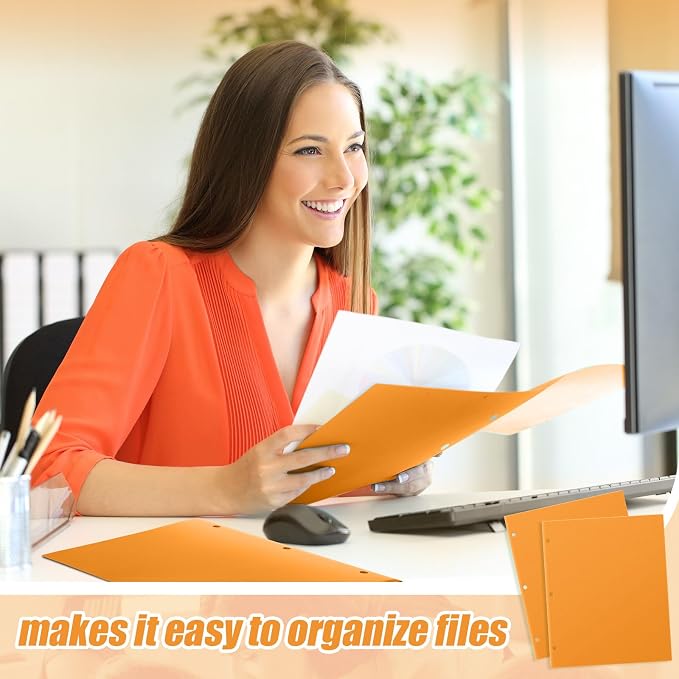 Yeaqee 50 Pcs Plastic Folders with Pockets Bulk 3 Hole Punched 2 Pocket File Folders for 3 Ring Binder Divider Folder for Notebooks, Durable Poly for Office Home (Orange)