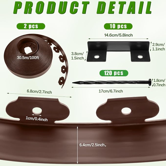 2.5 Inch x 200 FT Landscape Edging Kit Garden Edging Border with 120 Spikes 10 Connectors Flexible Plastic Edge Border for Landscaping Lawn Garden Flower Beds Yard Paver Pathway(Brown)
