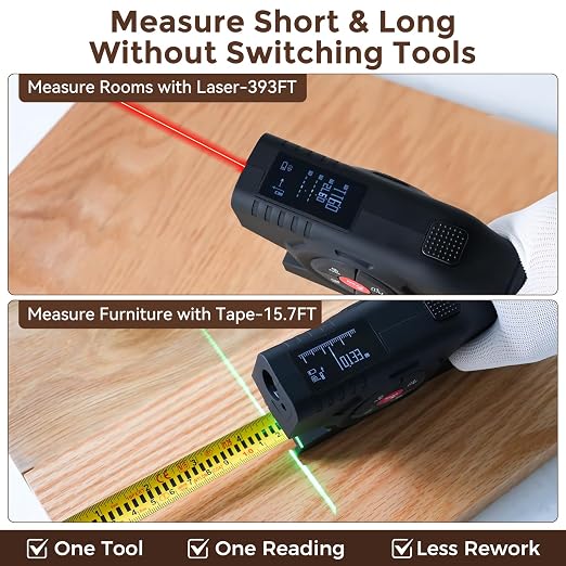 LUNYEE 393Ft Digital Tape Measure with Laser - 3-in-1 Recharge Electronic Laser Measuring Tape with Tape Measure 16Ft OLED Display M/in/Ft Unit Switch Area/Volume/Pythagorean,Class II Laser