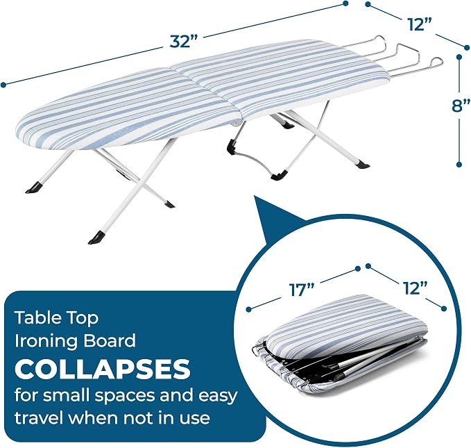 Honey-Can-Do Foldable Tabletop Ironing Board with Iron Rest, Blue Stripe