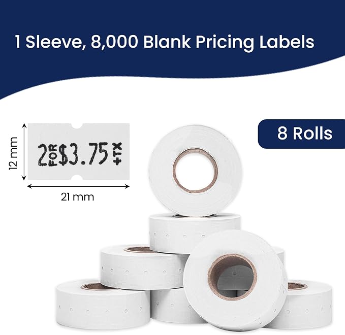 Perco 1 Line White Labels - 8,000 Blank Price and Date Gun Labels for Perco Lite, X, Plus and Pro 1 Line Price and Date Guns- 8 Rolls, 1 Sleeve - Made in USA