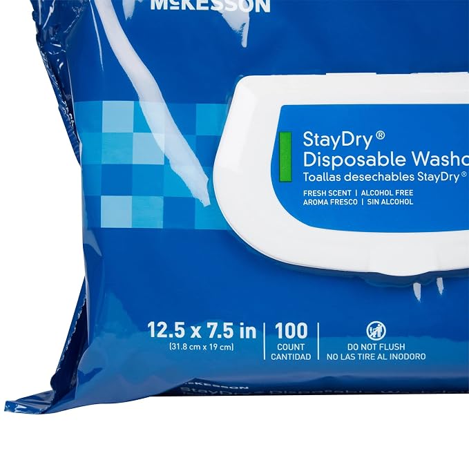 McKesson Staydry Disposable Washcloths with Aloe, Pre-moistened, 8 X 12", Soft Pack