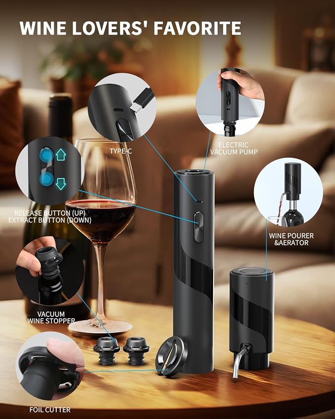 CIRCLE JOY Electric Wine Bottle Opener Set Rechargeable 6-in-1 Wine Set with Foil Cutter, Electric Wine Opener, Electric 2-in-1 Wine Aerator & Pourer, Electric Vacuum Pump and 2 Wine Stoppers, Black