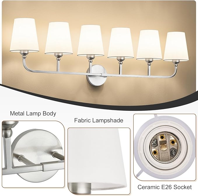 Bathroom Vanity Light, Brushed Nickel Bathroom Light Fixtures, 6-Light Lighting Fixtures Over Mirror, Modern Wall Sconce with Flared White Fabric Shade, E26 Socket(ETL Listed)