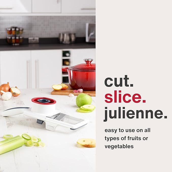 Zyliss Easy Control Handheld Slicer - Vegetable Slicer & Chopper - Fruit Cutter - Handheld Slicer with Two Stainless Steel Blades - Dishwasher Safe - White/Red, 13 inches