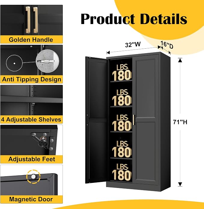 Steeloong 71"Metal Pantry Storage Cabinet with Doors & 4 Adjustable Shelves | Kitchen Pantry Cabinet,Black Kitchen Cabinet with 2 Gold Handles,Tall Cabinet for Livingroom,Pantry, Bathroom,Kitchen,Garage