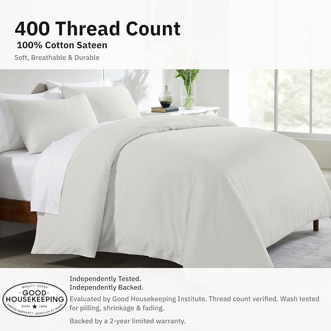 California Design Den 3 Pc King Size Duvet Cover Set -Winner Good Housekeeping Best Bedding Awards 2025, 400 Thread Count Sateen 100% Cotton Bedding Duvet Covers - Ivory (Pale Tone)