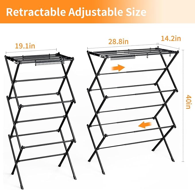 Clothes Drying Rack Foldable Drying Rack Clothing Black-1pack | for Laundry - 40" x 28.8" x 14.2", Space Saving Household Indoor