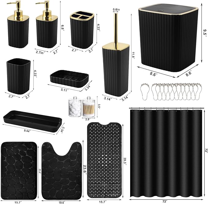 XLHOMO 26PC Bathroom Accessories Set - Gorgeous Black Bathroom Set, Bathroom Accessory Set, Black Shower Curtain Set with Bathtub Mats for Shower Tub