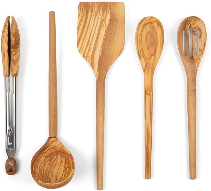 Salt & York 5-Piece Olive Wood Kitchen Utensil Set with Turner, Tongs, Slotted Spoon, Ladle and 12" Spoon, Farmhouse Style Kitchen & Cookware, Ideal for Entertaining, Wedding and Housewarming Gift