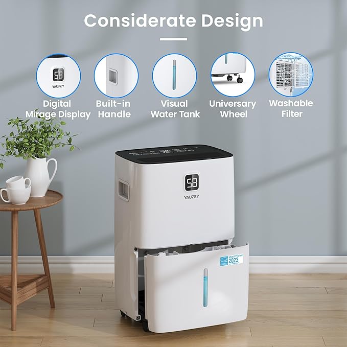 Yaufey 80 Pints Energy Star Dehumidifier for Home, Basement and Large Room up to 6000 Sq. Ft., with Drain Hose, Timer, Intelligent Humidity Control and Large Water Tank