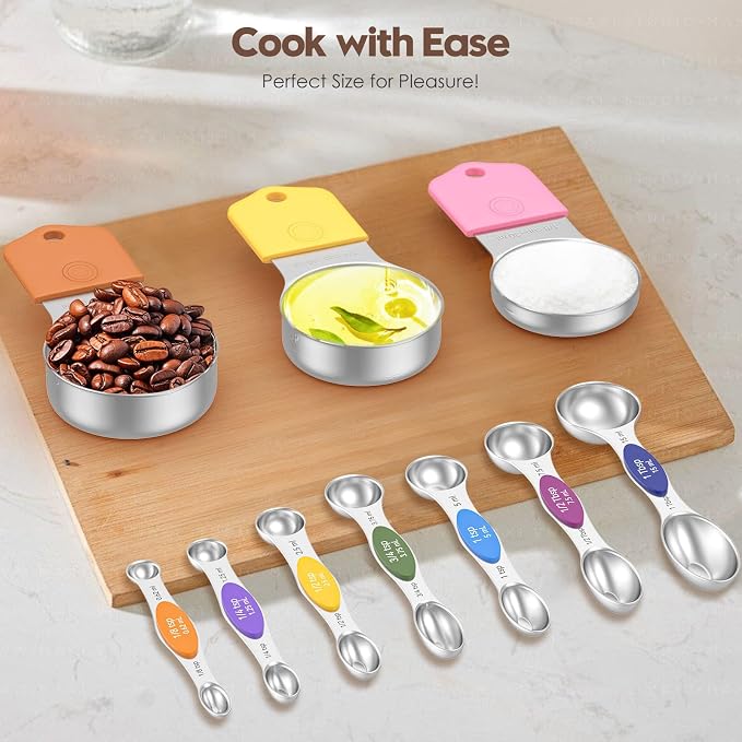 Magnetic Measuring Cups and Spoons Set – 304 Stainless Steel | Dual-sided Design | 15-Piece with Leveler | N52 Space-Saving Magnetic Nesting | Baking & Meal Prep | Kitchen Gift (Colorful)