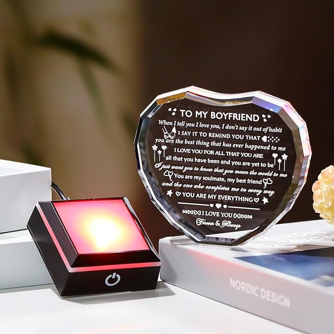 Arikyrist Romantic Gifts for Boyfriend with LED Base Boyfriend Anniversary Birthday Gifts Ideas from Girlfriend Crystal Heart to My Boyfriend I Love You Gift for Him on Valentine's Day Christmas