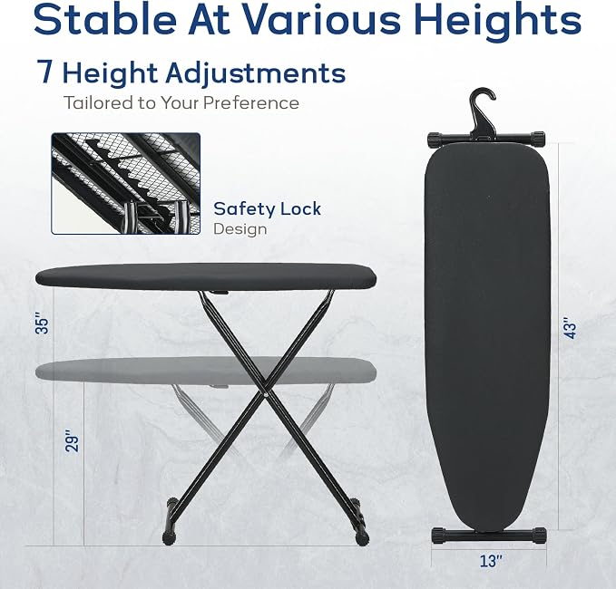 Ironing Board 43x13 with Iron Rest, RAINHOL Compact Iron Board Full Size with Thick Cover and Pad, Easy Storage Hanger with Heat-Resistant Silicone Pad, Space Saving and Height Adjustable, Black
