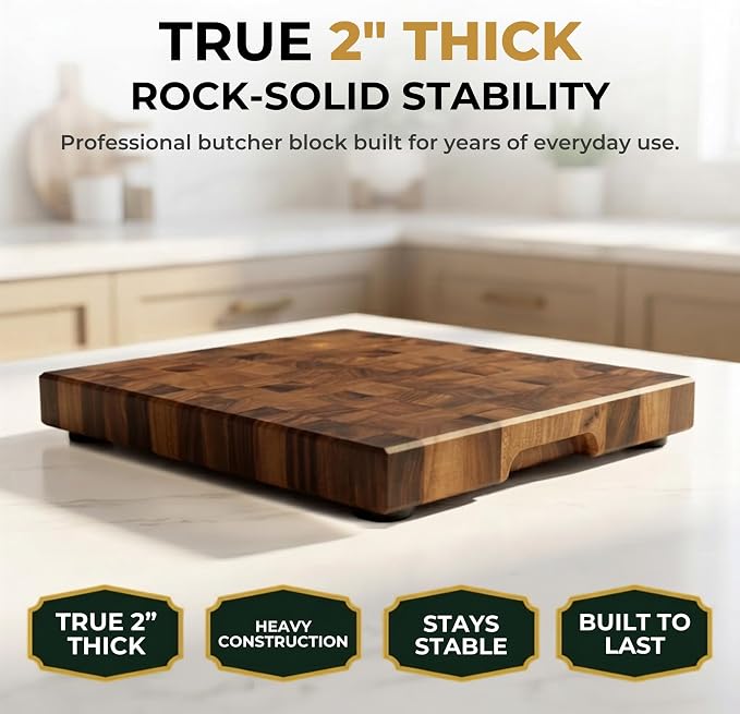 SHUMARU 17.3 × 12.6 × 2" End Grain Cutting Board, Professional Family Size Butcher Block, Thick Exotic Heartwood Chopping Block, Knife-Friendly Wood Cutting Board with Side Handles & Non-Slip Feet