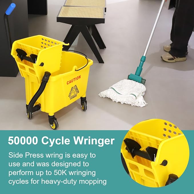 Side Press Wringer Combo Commercial Mop Bucket on Wheels, 35 Quart,Yellow, Including Commercial Mop and Rubber Gloves