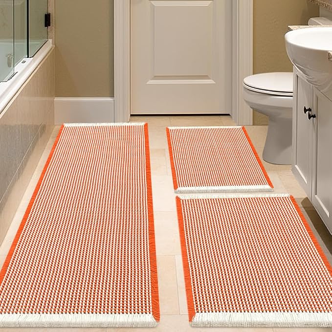 IM HOME Waffle Bath Mat Set 3 Piece Orange & Cream,Woven Modern Bath Rug Mats, Absorbent Non Slip Bath Floor Mat, Soft Washable Boho Bath Rugs with Tassels for Bathroom, Bedroom, Kitchen, Tub
