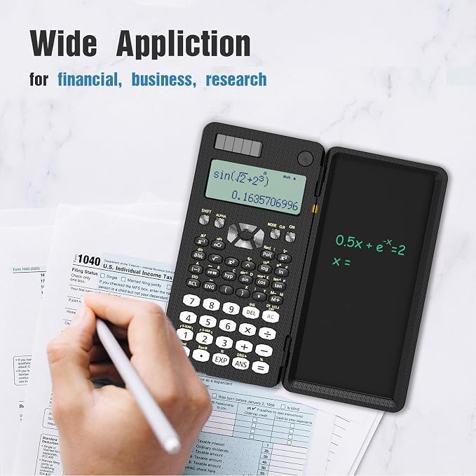 Scientific Calculator for Students with Notepad, ROATEE Middle and High School Supplies for Students, 82 MS Foldable 2-Line Display Science Calculator with Writing Tablet, Solar and Battery Powered