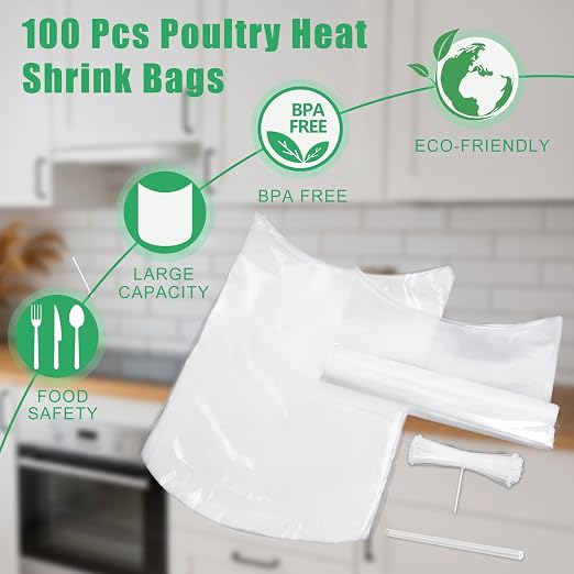 BPA-Free Poultry Shrink Bags 13x18'' 50 Pack | Heat Shrink Wrap for Turkey Chicken Rabbit Freezer Safe with 50 Zip Ties & Silicone Straw by Hoqqf