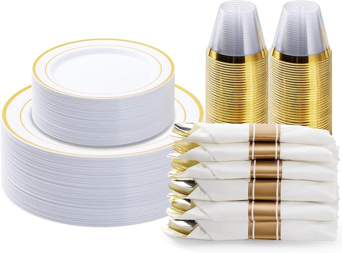 BESTVIP 175PCS Gold Plastic Dinnerware Set, Disposable Party Plates for 25 Guests, Include: 50 Plastic Plates, 25 Pre Rolled Napkins with Gold Silverware, 25 Cups for Christmas, Halloween
