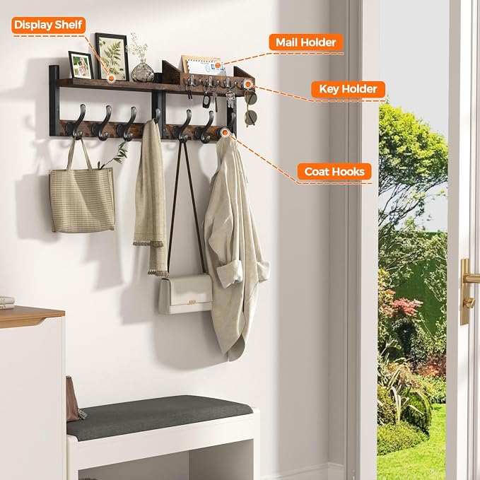 Evermagin 29" Coat Rack Wall Mount with Shelf, 4 in 1 Coat and Key Hanger with 11 Metal Hooks, Entryway Wall Mounted Shelf with Mail Holder for Living Room, Bedroom, Rustic Brown