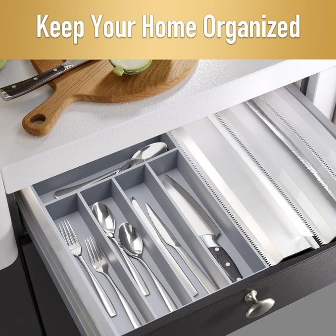 Besilord Bamboo Silverware Holder - Drawer Organizer with 5 Slots (Gray)