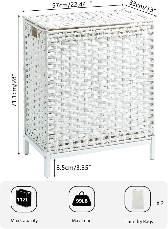 SETVSON Laundry Hamper with Lid, 112 L Handwoven Rattan, Cloud White | 2-Section Large Basket, 2 Removable Liner Bags, 3.34-In Heightened Metal Feet, 6 Mesh Laundry Bags, Side Handles