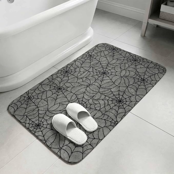 Entryway Rug Indoor Outdoor 31.5"x47.2", Grey Halloween Absorbent Non Slip Floor Mat, Black Spiders Net Classic Gingham Low-Profile Welcome Mats for Front Door Patio Mudroom Garage Entrance