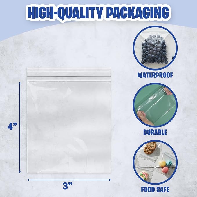 Seal Fresh 3 x 4 Inch Resealable Plastic Bags 1000 Pack — Clear Reclosable Zipper Seal Bags for Jewelry, Beads, Small Parts, Crafts, Hardware