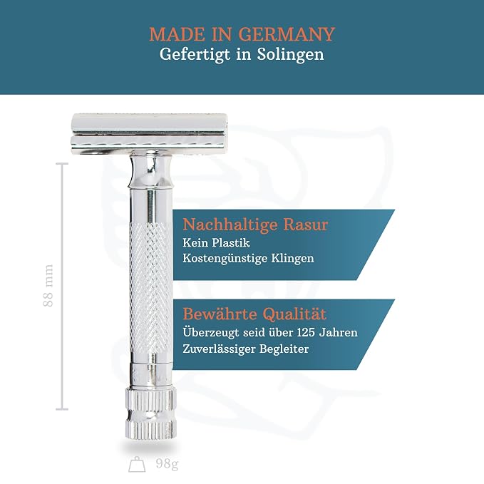 MERKUR 34 Adjustable 2-Piece Double-Edge Safety Razor for Men in Bright Chrome with Standard Handle and Closed Comb — Adjustable Blade Gap, Made in Germany
