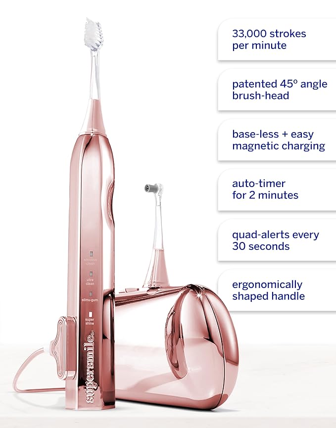 Supersmile Zina45™ Deluxe Sonic Pulse Toothbrush – Rechargeable Electric Brush with Angled Head & Travel Case – for Whiter Teeth and Healthier Gums, Rose Gold