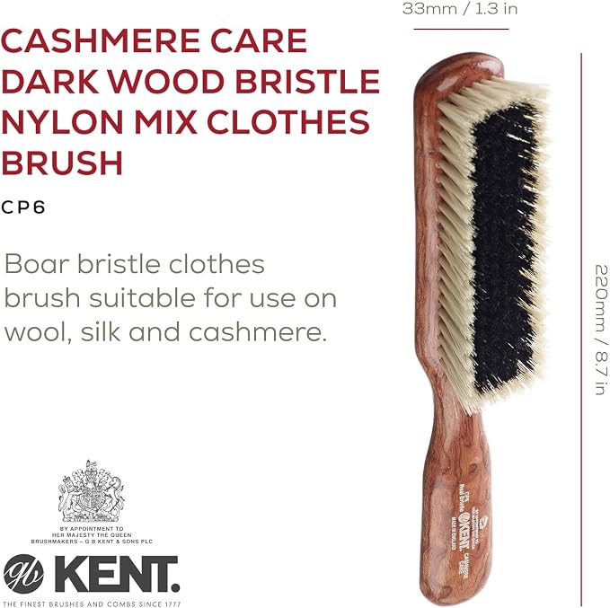 Kent CP6 Clothes Brush. Cashmere Care Dark Wood with Black & White Boar Bristle, Lint Remover for Wool and Silk for Keeping Delicate Fabrics Free from Fibres, Fluff and Pet Hair. Made in England