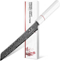 DRGSKL Damascus Serrated Bread Knife - Slicer Knives with Wide Wavy Edge | Japanese VG10 Core, Black Anti-corrosion Coating, Damascus Blade, G10 Handle, Gift Box, Wet Edge Grinding Technology