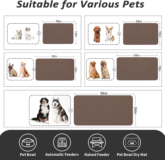 HotLive Dog Food Mat - Absorbent Cat Mat for Food and Water, No Stains Pet Feeding Bowl Mat, Easy to Clean Pet Placemats, Quick Dry Dog Water Dispenser Mat for Messy Drinkers | Brown 12"x 19"