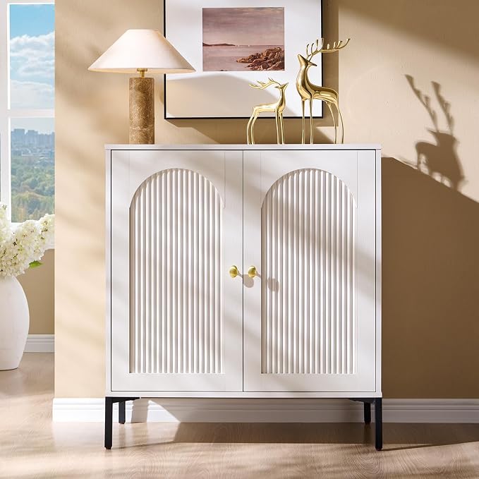 IFGET 34" Tall Modern Arched Sideboard Buffet Cabinet with Storage, White | Fluted Arch Sideboard Cabinet w/Adjustable Shelves, Wooden Modular Kitchen Cabinet for Dining& Living Room, Entryway