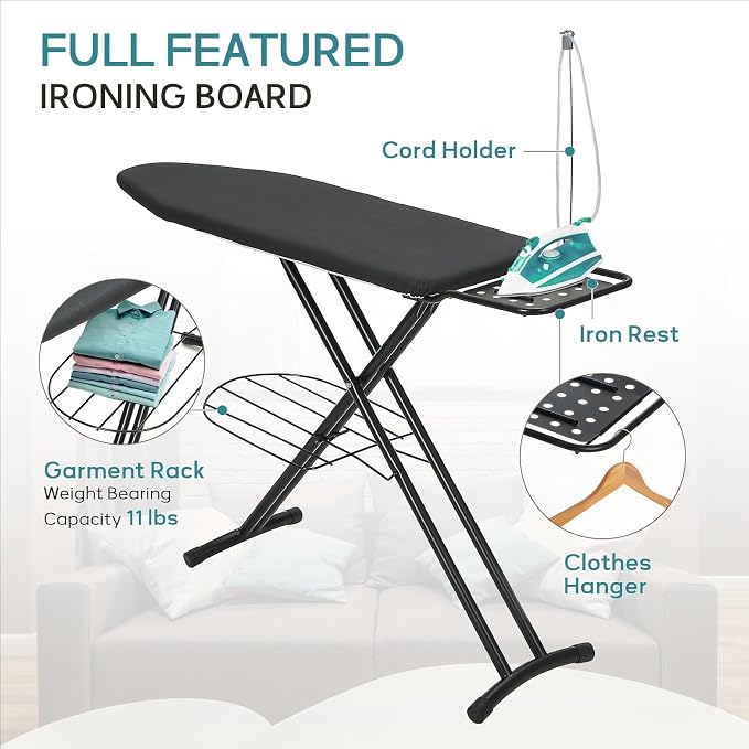 Ironing Board 48x15 in, RAINHOL Large Heavy Duty Ironing Boards Full Size with Pad and Cover, Height Adjustable Iron Stand with Storage Tray and Iron Rest, Black