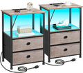 Nightstands Set of 2, LED Night Stand with Charging Station | Bedside Table with Type-C Outlets & 2 Fabric Drawers, End Tables with Storage Shelf for Bedroom, Small Spaces, Grey