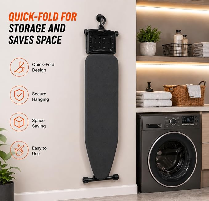 Ironing Board Metal Panel Iron Board 53" x 13.5", 7mm Thick Heat & Scorch Resistant Pad Full Metal Construction Ironing Board with Smart Hanger & 7 Adjustable Heights Compact and Space Saving