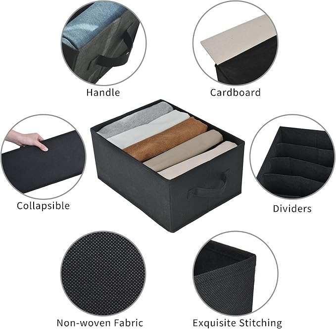 GRANNY SAYS 5-Grid Drawer Organizer: Storage Bins for T-Shirts, Pants, Sweaters & Scarves - Black Clothes Storage & Divider Sets (4-Pack)