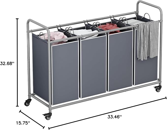 LINZINAR 4 Section Laundry Hamper, Grey Laundry Basket, 180L Laundry Sorter | Laundry Room Organization with Heavy Duty Rolling Lockable Wheels and Removable Bag, Bedroom Laundry Cart for Clothes Storage