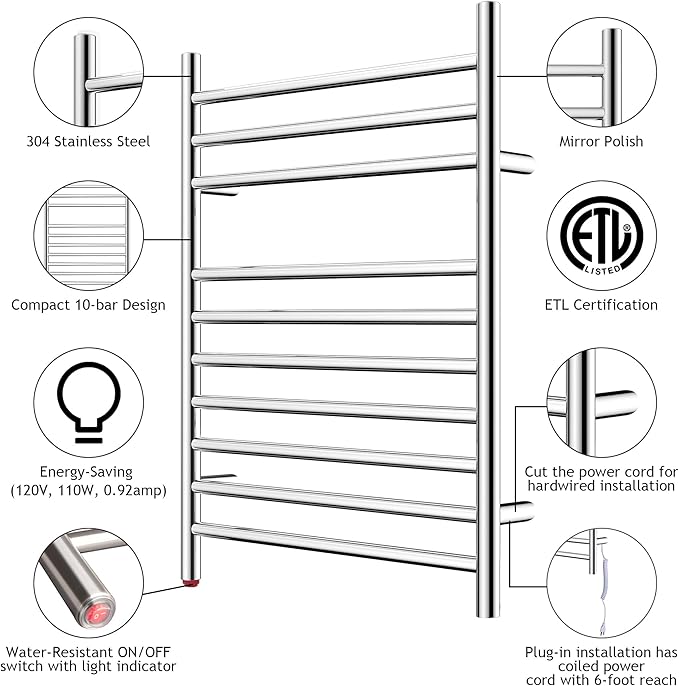 HEATGENE Towel Warmer, Compact Electric Towel Warmer for Small Bathroom, Wall-Mounted Electric Towel Racks, Plug-in/Hardwired Electric Towel Rails - Mirror Polish