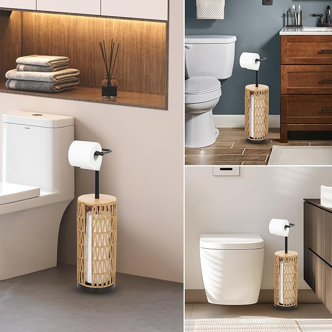 Trongee Freestanding Toilet Paper Holder with Storage,3 Rolls of Boho Toilet Paper Holder Stand with Lid,Gold Toilet Tissue Holder Stand Rattan Paper Storage Wicker Toilet Roll Holder Basket
