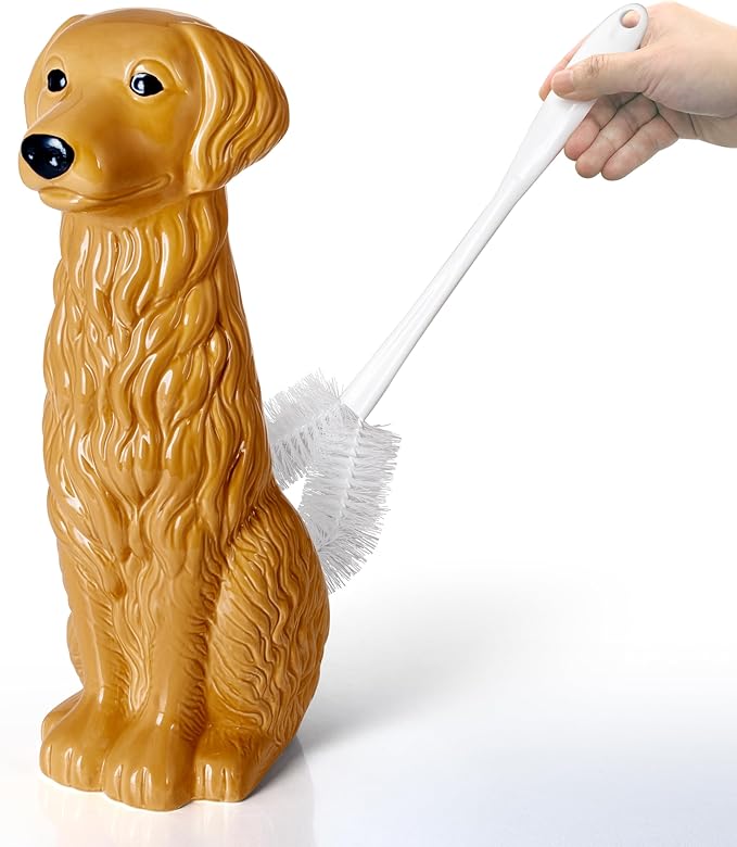 Golden Retriever Ceramic Toilet Brush Holder with Plastic Brush Set by Allure Home Creation