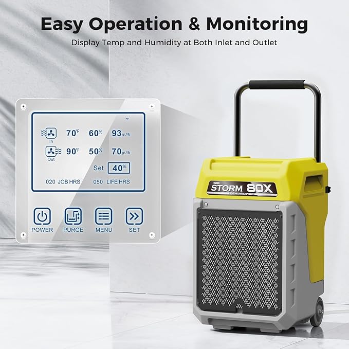 ALORAIR 170 PPD Commercial Dehumidifier with Pump & Drain Hose, LGR Industrial Use, Portable Dehumidifier with Wheels for Water Damage Restore, Carpet Drying, 6-Year Warranty, Storm 80X (Yellow)