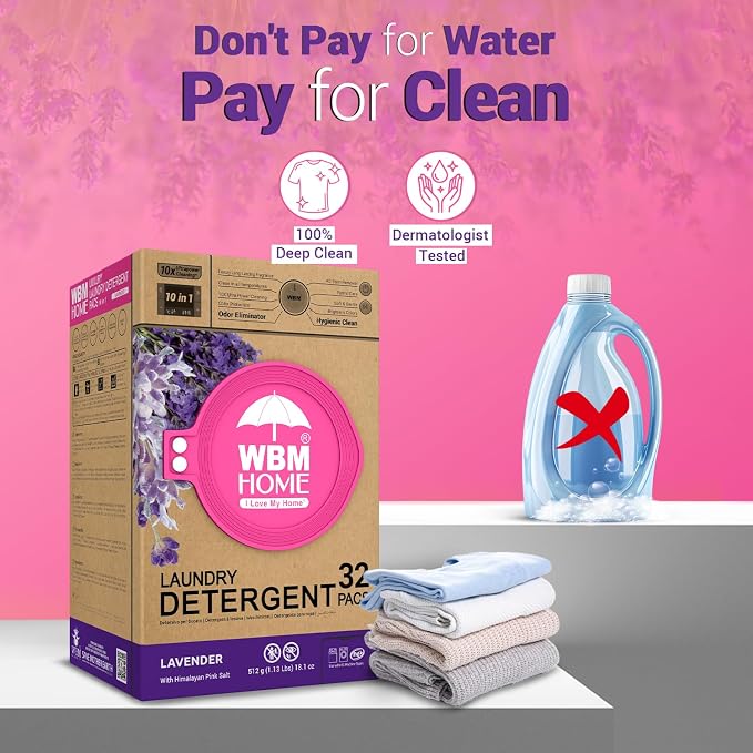 WBM 10-in-1 Laundry Detergent Pods, Fabric Softener with Lavender Extracts, High-Efficiency Laundry Pods with Powerful Stain Lifter Technology - 32 Count Bag