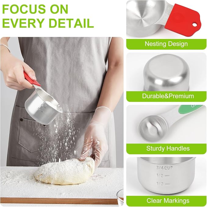 Magnetic Measuring Cups and Spoons Set | 16-Piece Stainless Steel Metal Baking Essentials (8 Cups +7 Spoons + 1 Leveler) with Space-Saving Design | Cookware Gift Idea